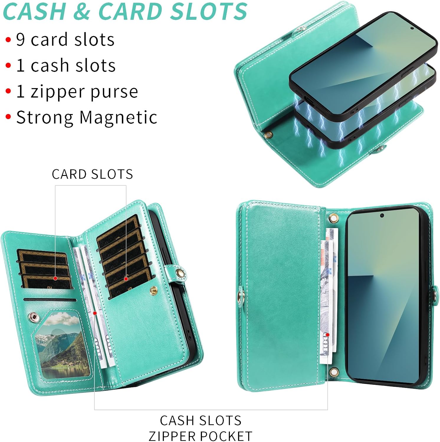 Asuwish Phone Case for Samsung Galaxy Z Fold 7 Zipper Wallet Detachable Magnetic Cell Cover with Crossbody Wrist Strap Mandala Flower Mobile Flip Credit Card Holder ZFold Z7 G Fold7 7Z Women Men Green