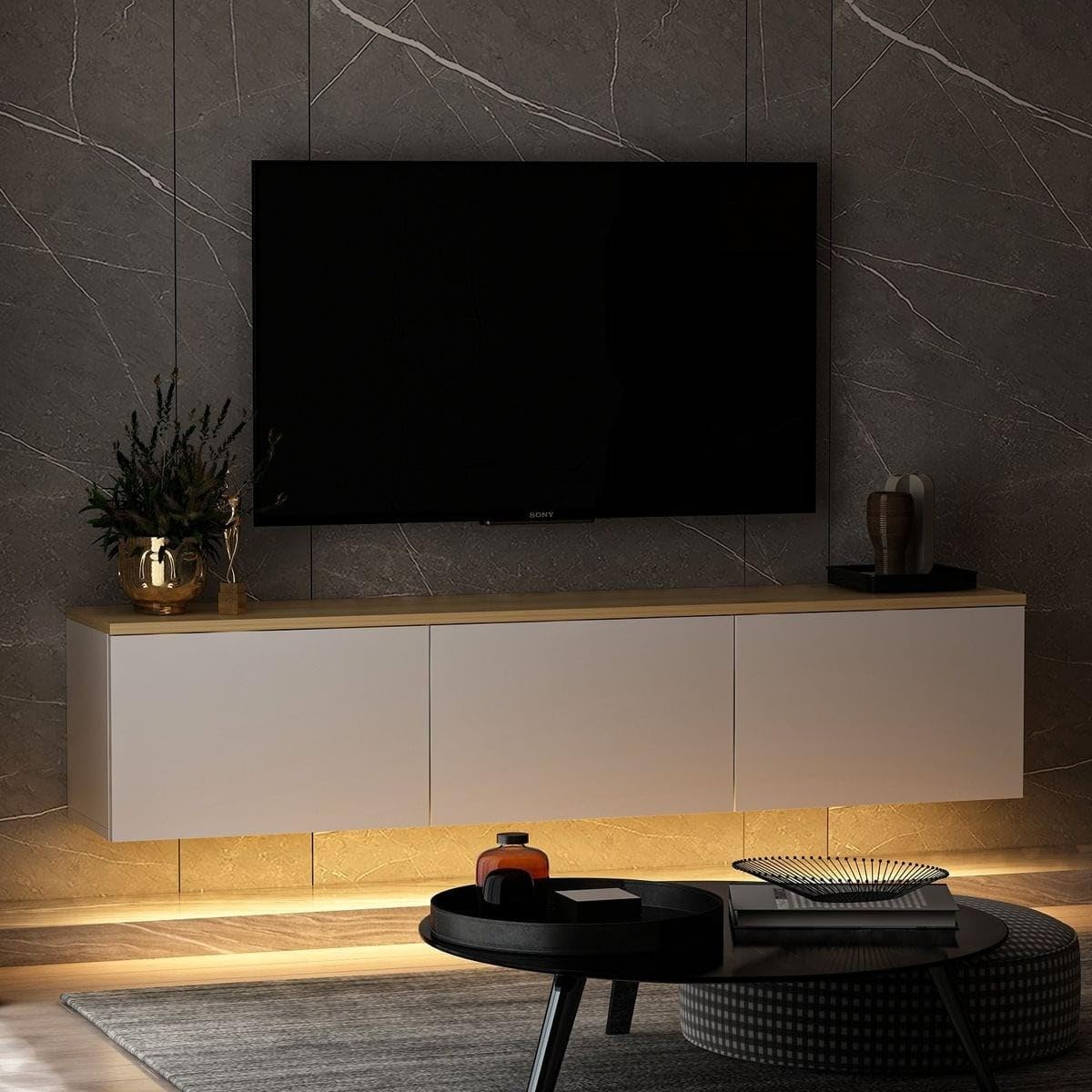 HOMIFAB Meuble TV LED Suspendu 3 Portes Blanc & Effet Chêne 160 cm - Eira
