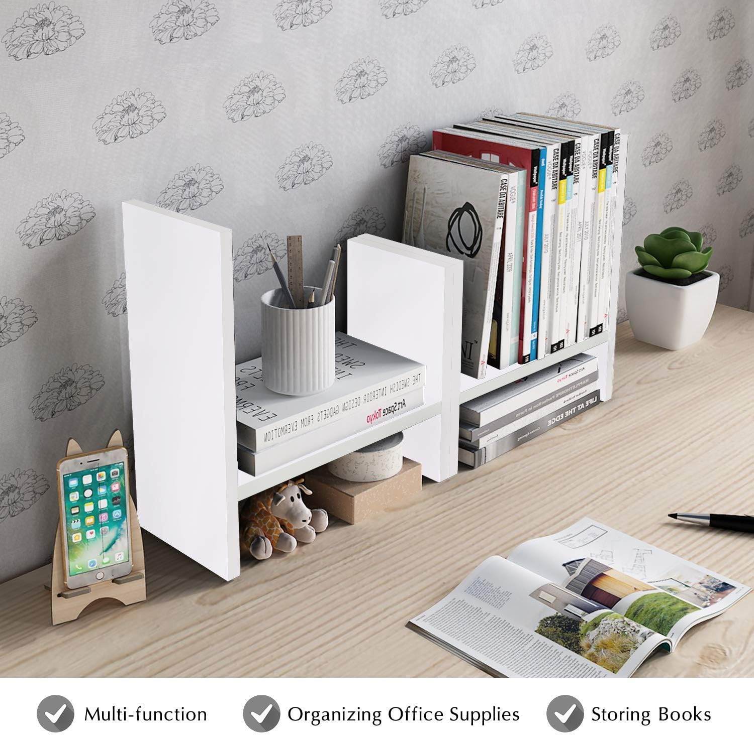 Jerry & Maggie Desktop Organizer Office Storage Rack Adjustable Wood Display Shelf Free Style Double H, Multi-Functional Mini Bookshelf for Desk Natural Stand (White)