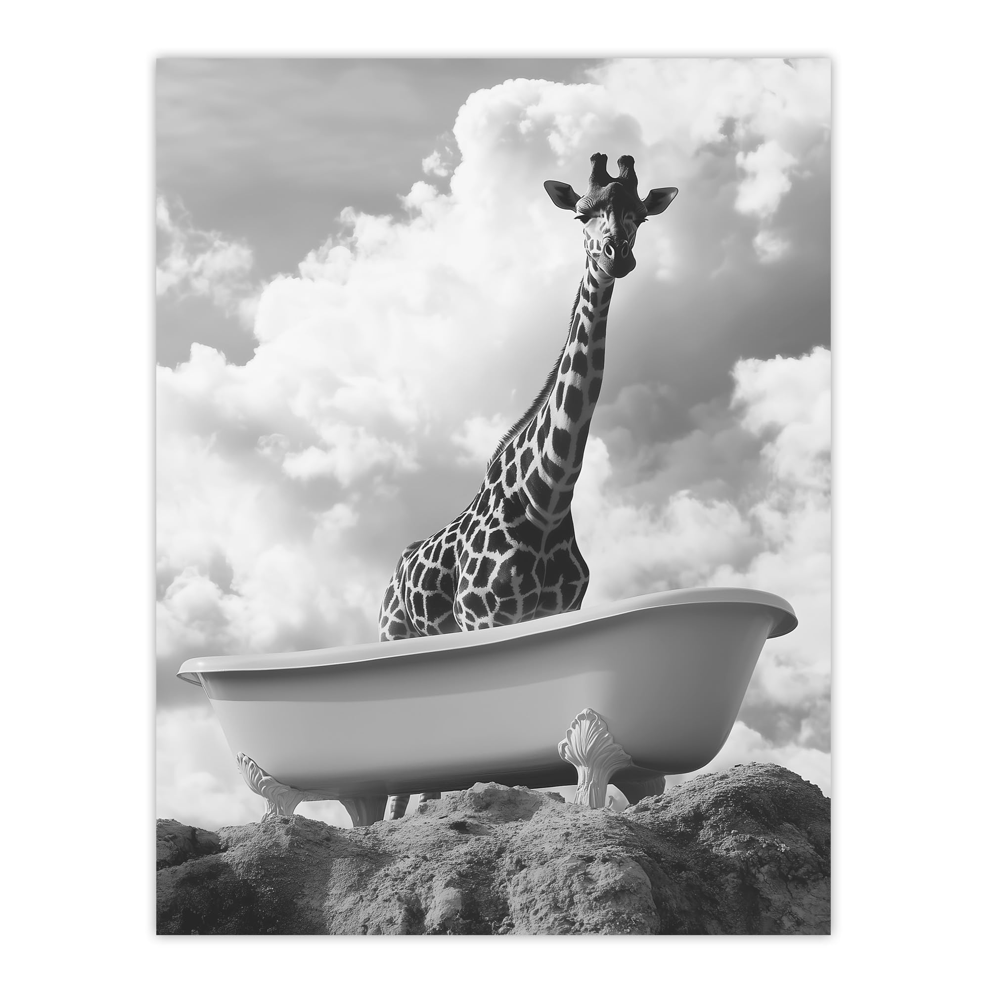 Artery8 Giraffe in Bathtub on a Hill Black White Surreal Bathroom Toilet Extra Large XL Wall Art Poster Print