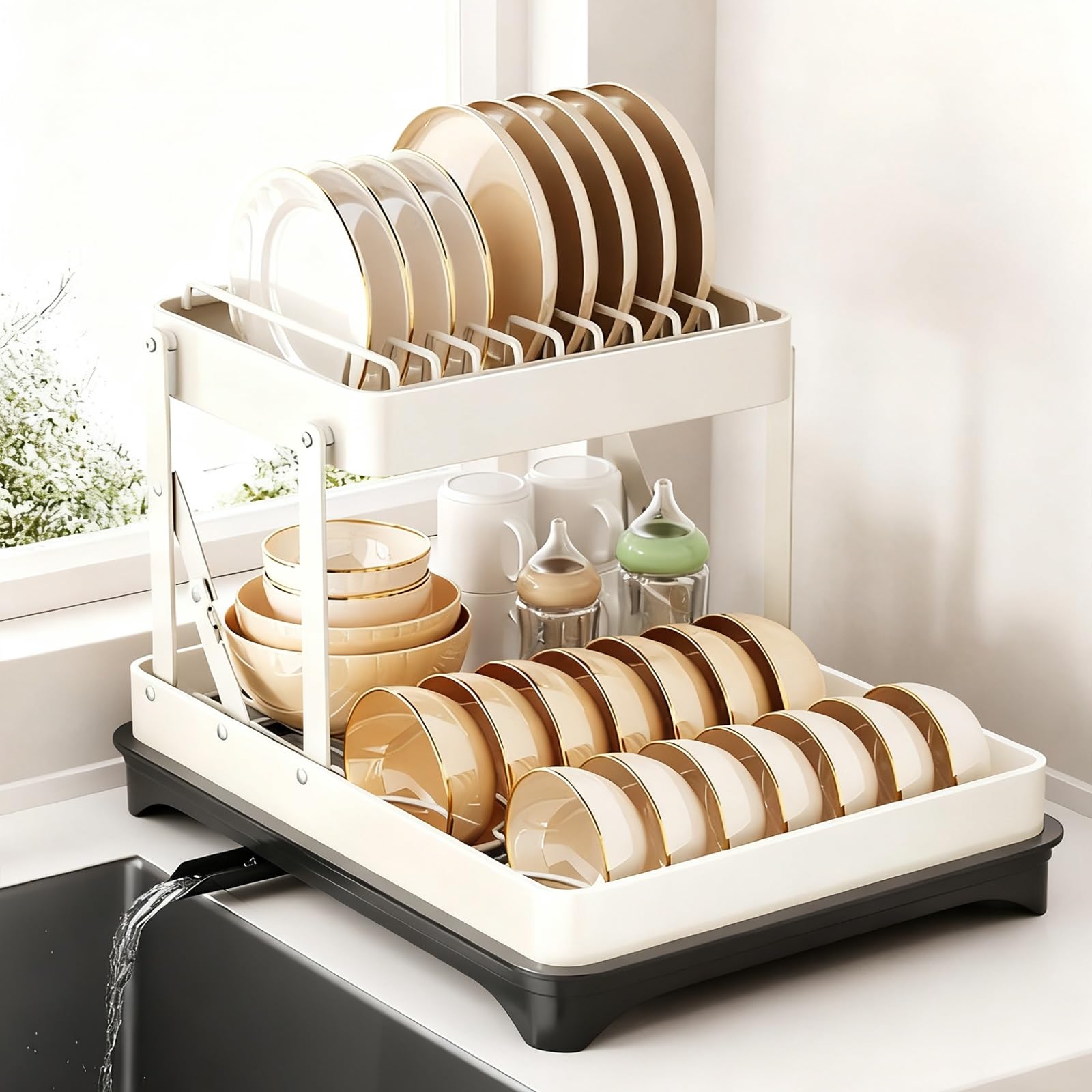 Égouttoir À Vaisselle en Acier Inoxydable À 2/3 Niveaux avec Égouttoir Et Support Pliable pour Planches À Découper(White Bare Frame)