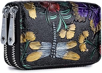 Womens Leather Wallet RFID Blocking Large Capacity Double Zip Floral Hand Painted Embossed Clutch Purse