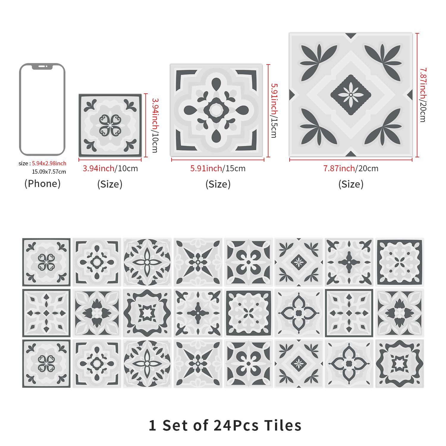 Naklejki na kafelki PCV | Szary Kwiat, 24 szt., 10x10/15x15/20x20 cm: Backsplash w łazience i kuchni(24 Pcs/15x15cm)