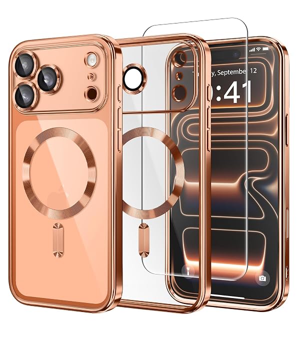 Magnetic Case for iPhone 17 Pro with Screen Protector, [Compatible with MagSafe][Camera Protection][16FT Military Protection]Slim Shockproof Plating Phone Case for iPhone 17 Pro, Cosmic Orange/Clear by GolbinBox - Used condition - US$13.96