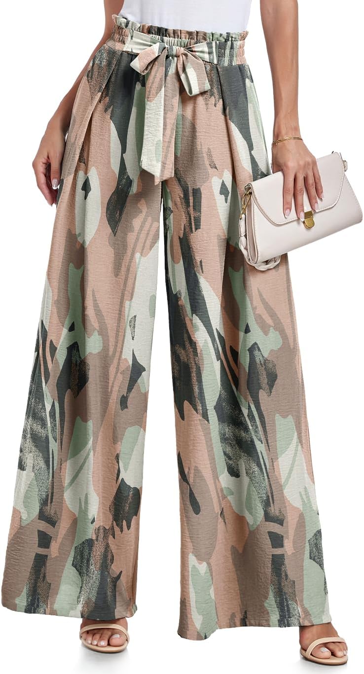 Lepunuo Wide Leg Pants for Women High Waisted Palazzo Pants Work Casual Flowy Tie Knot Trousers with Pockets
