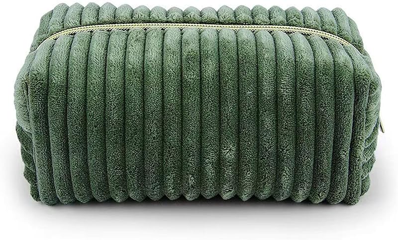 Necessaire de maquiagem Kornnapa em veludo cotelê verde, com zíper, 20,5 x 11,5 x 10 cm