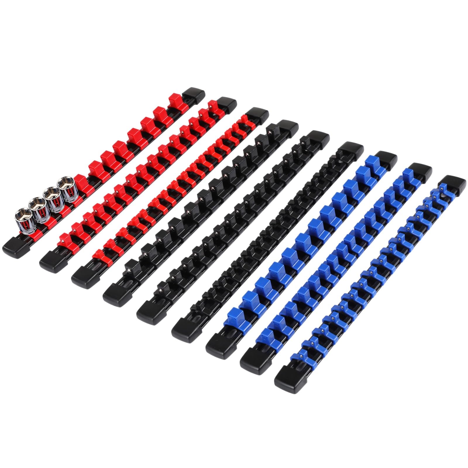 9 pezzi organizer per bussole, 1/2" con 12 clip, 3/8" con 15 clip, 1/4" con 16 clip, binari di stoccaggio per bussole, supporto in plastica, vassoi per chiavi a bussola