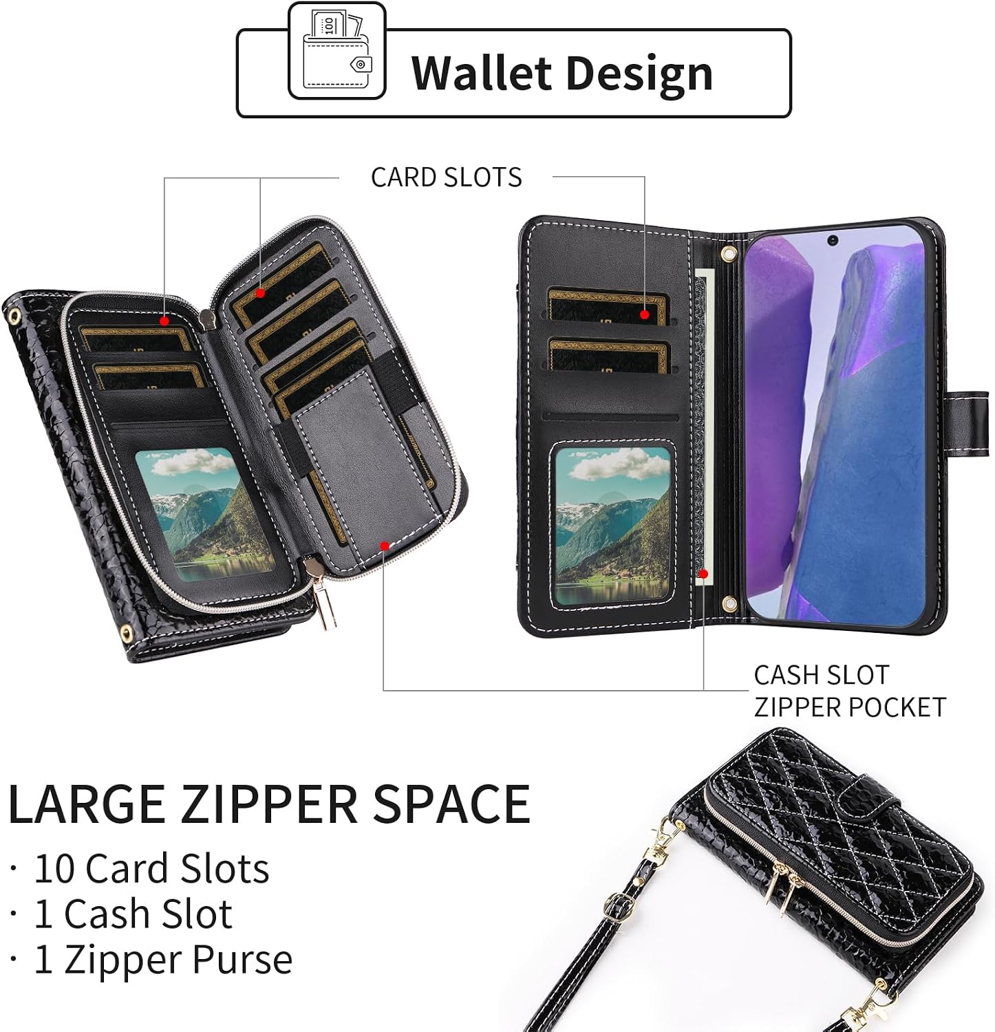 Argyle Wallet Case for Samsung Galaxy Note 20 5G with Crossbody/Wrist Strap Lanyard Luxury PU Leather Stand Zipper Purse Shockproof Cell Phone Cover for Note20 Notes 20s Twenty Not S20 Black