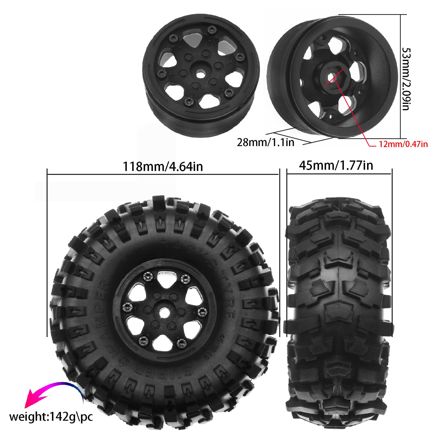 WLYJEA 1.9in RC Crawler Mud Slingers Tires 118mm RC Rubber Tires w/12mm Hex Plastic Beadlock Wheel Hub Fit for 1/10 RC Rock Crawlers FCX10 Axial SCX10 Pro SCX10 UTB18 TRX4 Redcat Gen8 7VS4-10(4PCS)