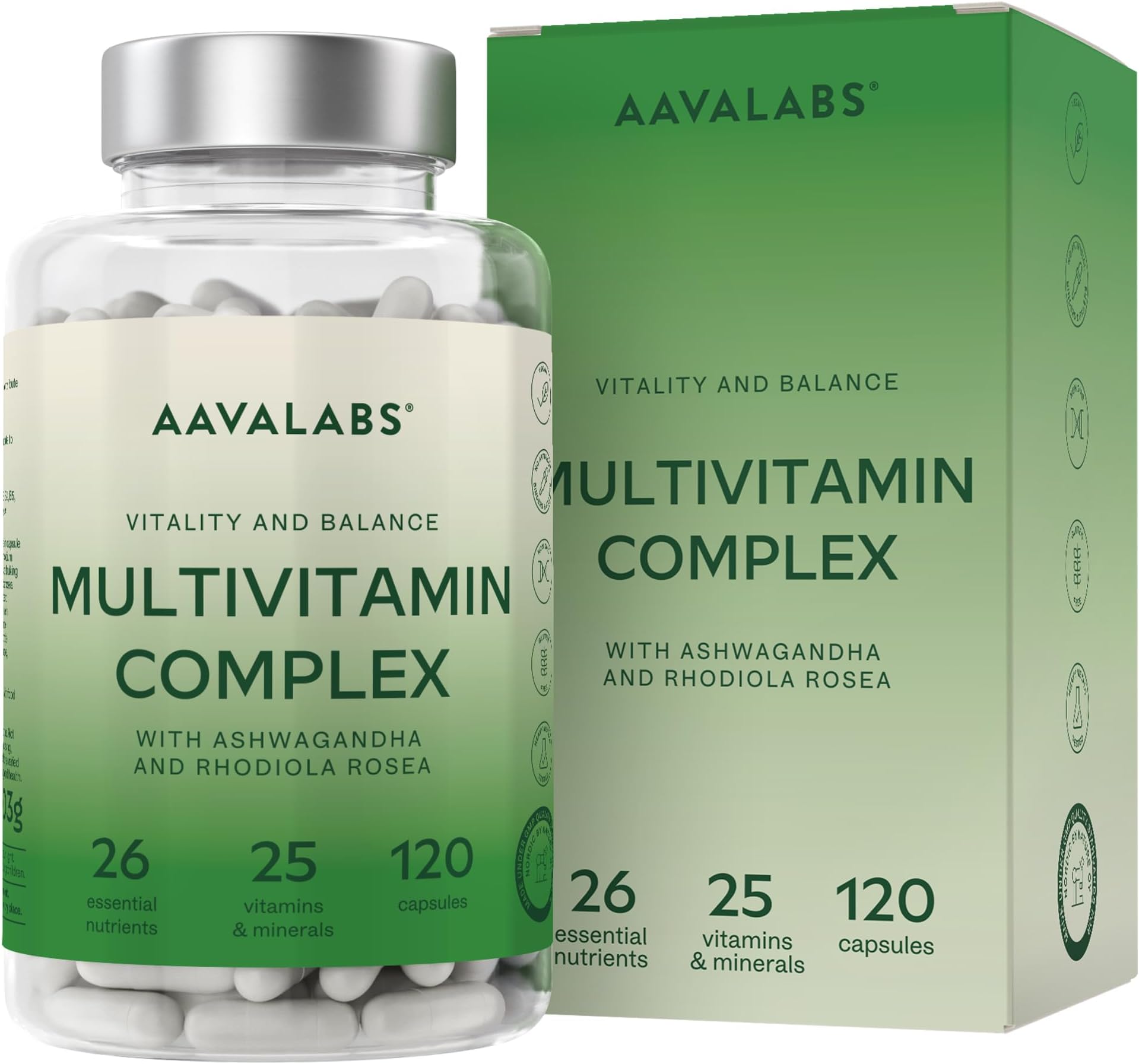Multivitamin Complex with 25 Vitamins and Minerals + Ashwagandha and Rhodiola Rosea - Multivitamin Tablets for Women and Men - with Vitamin C & Vitamin D - Multivitamins and Minerals - 120 Capsules