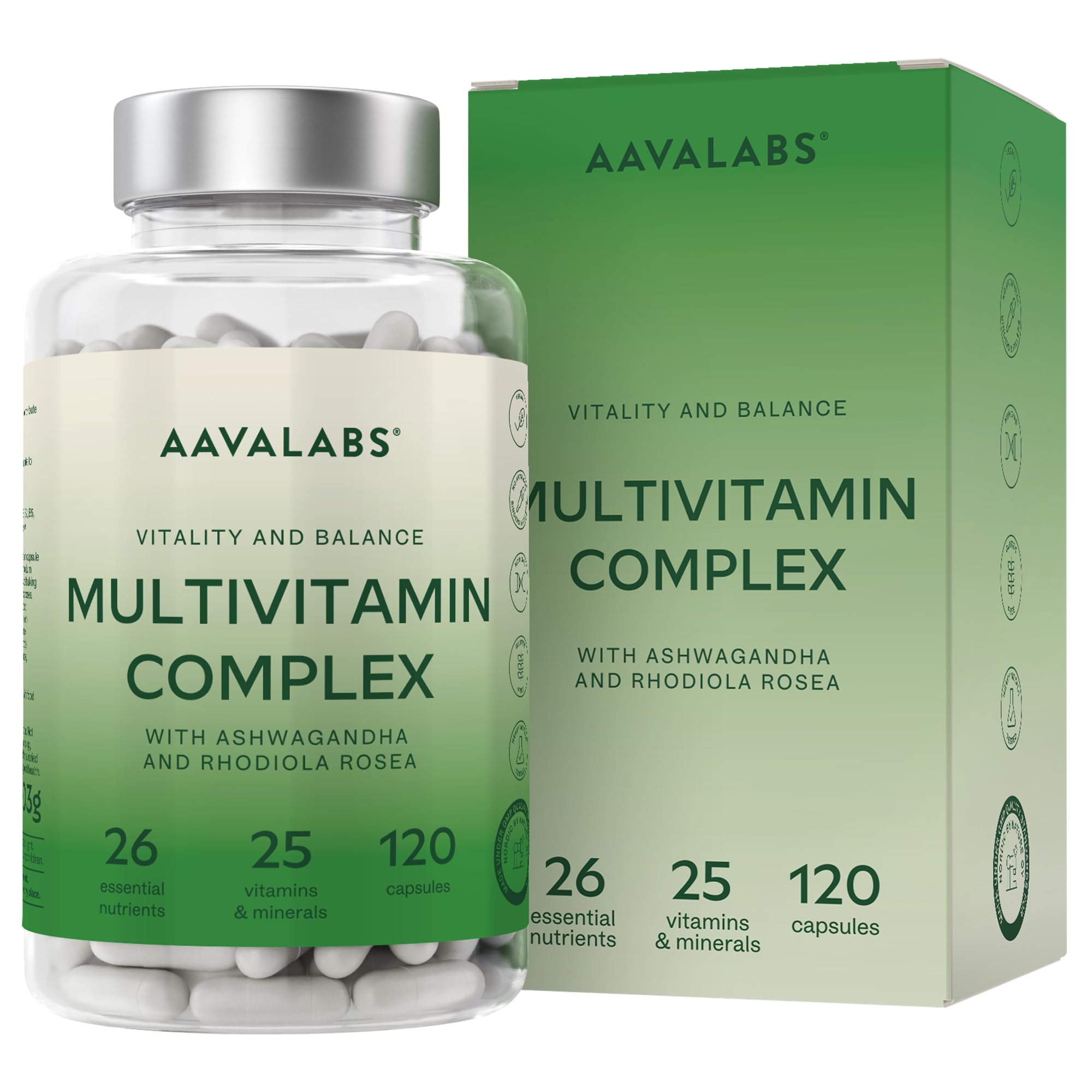 Multivitamin Complex with 25 Vitamins and Minerals + Ashwagandha and Rhodiola Rosea - Multivitamin Tablets for Women and Men - with Vitamin C & Vitamin D - Multivitamins and Minerals - 120 Capsules