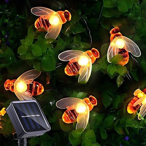ITICdecor - Cadena de luces solares de abejas, 30 luces LED, 8 modos, linda luz de abeja, luces impermeables para exteriores, luces de hadas