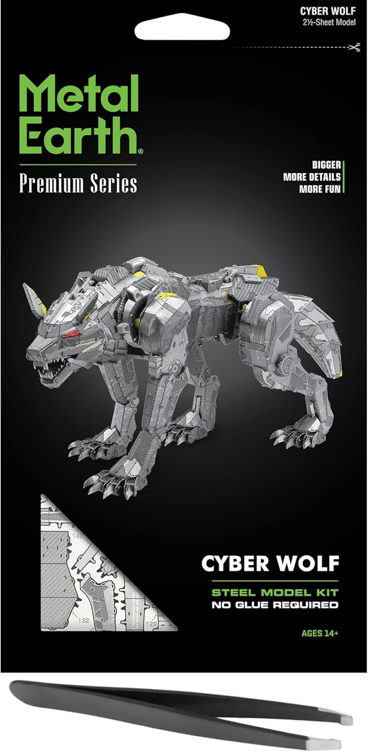 Fascinations Metal Earth Premium Series Cyber Wolf 3D Metal Model Kit Bundle with Tweezers
