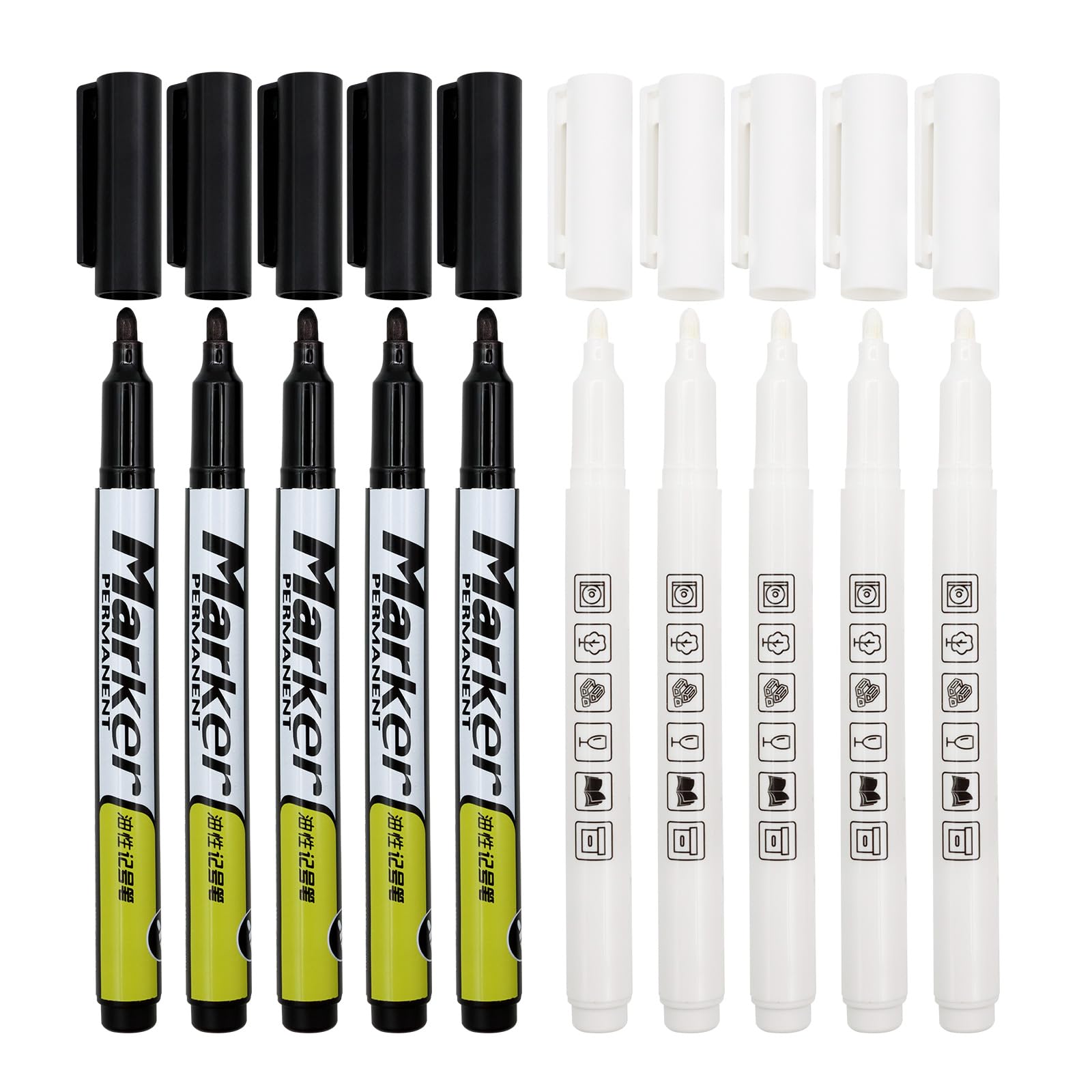 BORISCA 10 Piezas Rotuladores Negros Aceitosos, 2 Colores de Rotulador Permanente Negro y Blanco Secado Rápido e Impermeable Rotulador Textil Negro para Madera, Metal, Lienzo, Vidrio Escritura