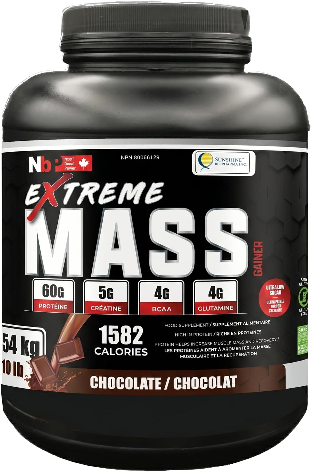 Sunshine Biopharma Extreme Mass Weight Gainer Muscle Builder, 10 lb (4.54 kg) with Less Sugar for Intense Workout Training Made of high Calorie Fortified whey Protein (Chocolate)