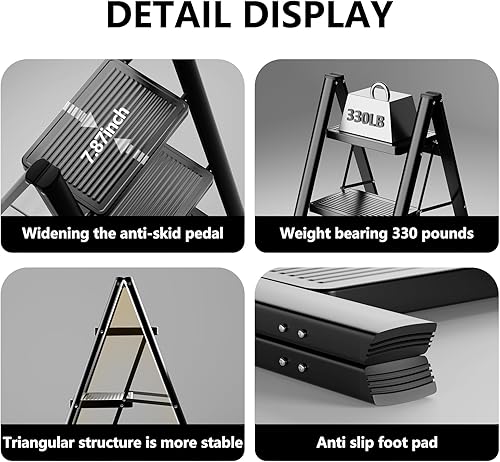 Miniatura 6 de Escalera plegable de 3 escalones, resistente taburete pequeño de 330 libras para adultos, escalera de armario con pedales anchos antideslizantes,
