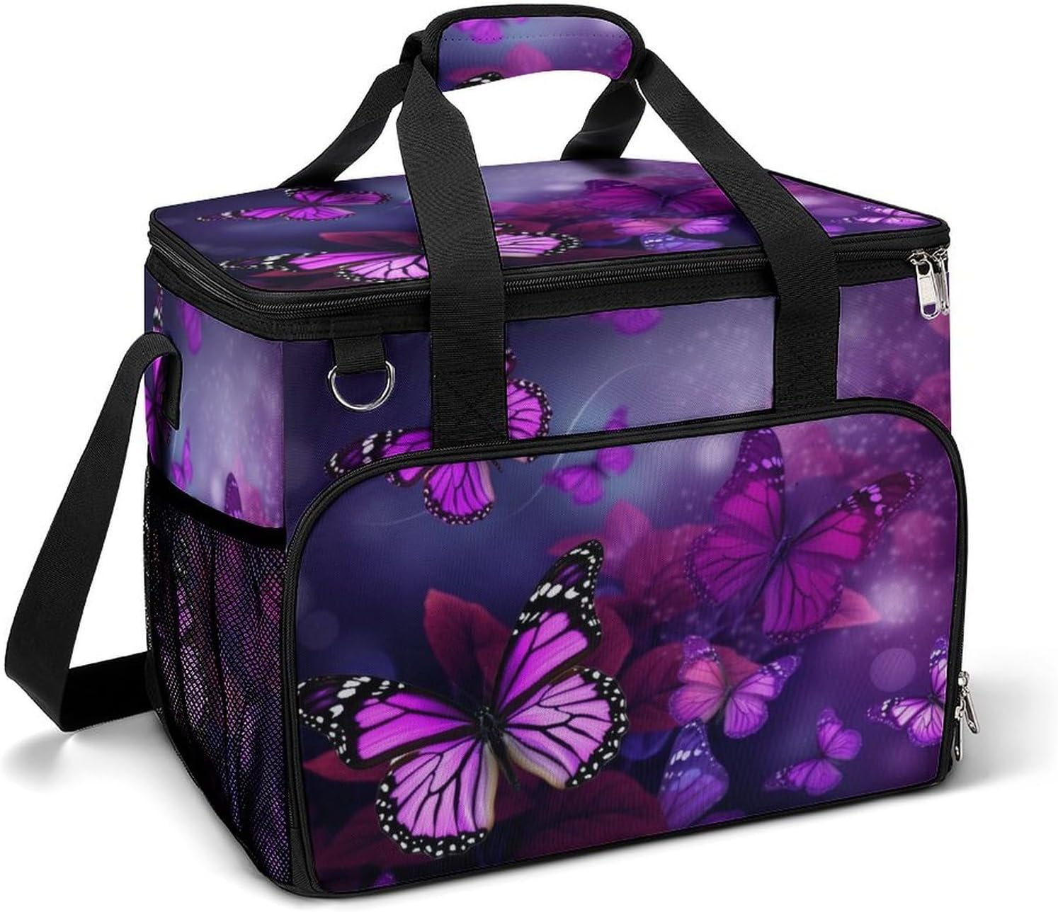 Large Capacity Oxford Cloth Purple Butterflies Printed Camping Ice Bag, Outdoor Portable Insulation and Cooling Bag, Suitable for Outdoor Camping and Picnics
