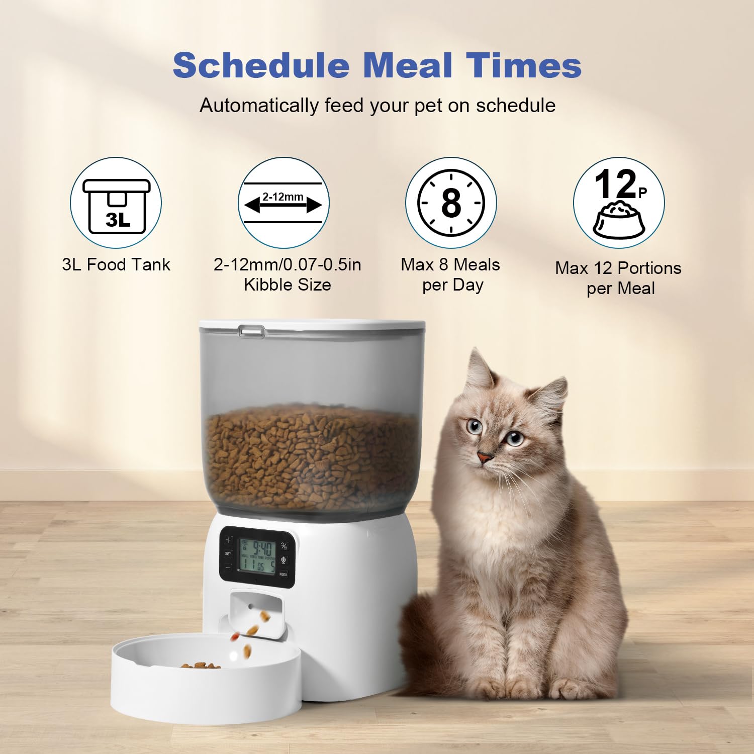 Comedero automático para gatos, dispensador de comida para gatos de 3 litros con grabadora de voz de 10 segundos, comedero para mascotas de hasta 8 comidas por día, comedero para perros con