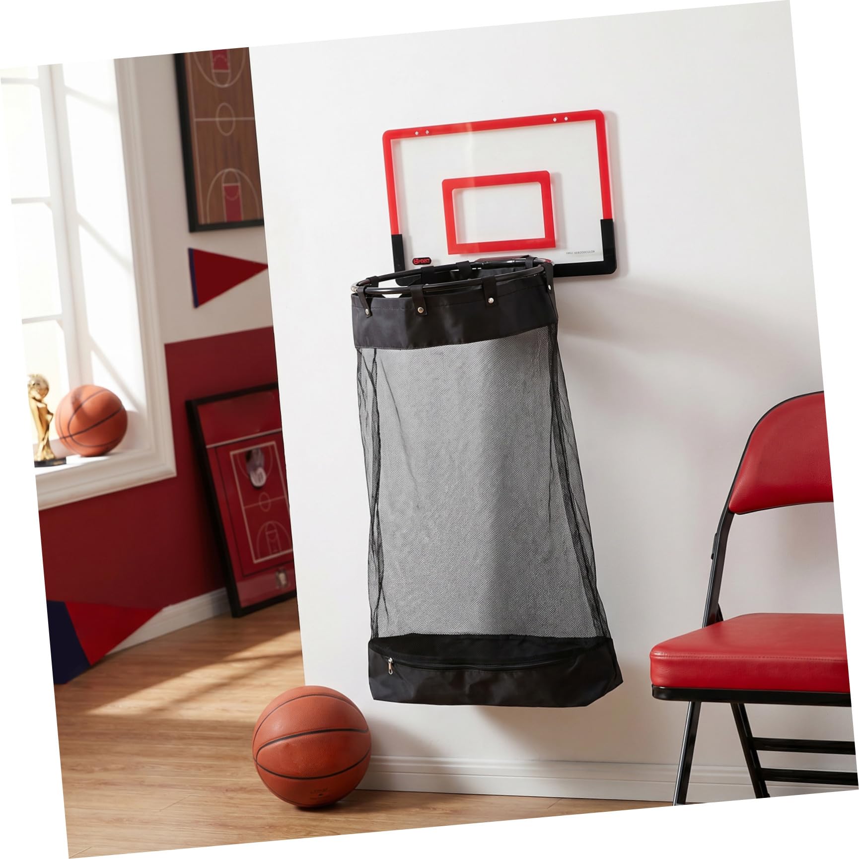 HEMOTON Hängender Wäschekorb mit Basketballkorb Platzsparend aus Kunststoff mit Reißverschluss und Haken für Schlafsäle und Kleine Wohnungen in Rot