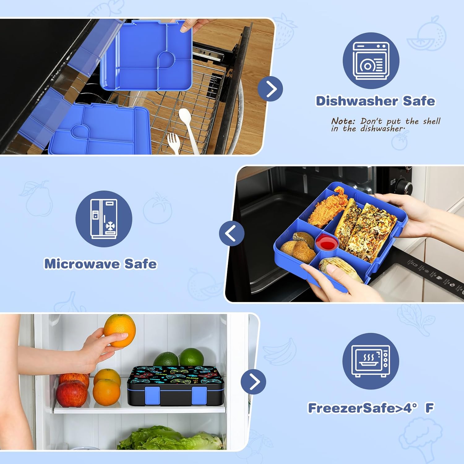 Boys Backpack - Luminous Game Bento Box with Insulated Lunch Bag Pencil Case & Utensils Set for Kids, 6 Leakproof Compartments Removable Tray Lunches or Snack Container (Blue Game Console)