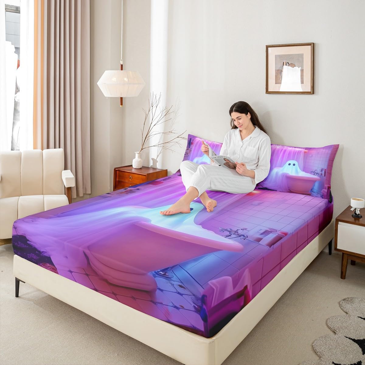 jejeloiu Halloween Fantasy Ghost Bed Sheets Set Twin Size Ghost Bathtub 3 Pieces Sheet with 16 Inch Deep Pockets for Kids Boys Girls Decor Bedding Taking a Bath Breathable Soft Bedroom Decor Lavender