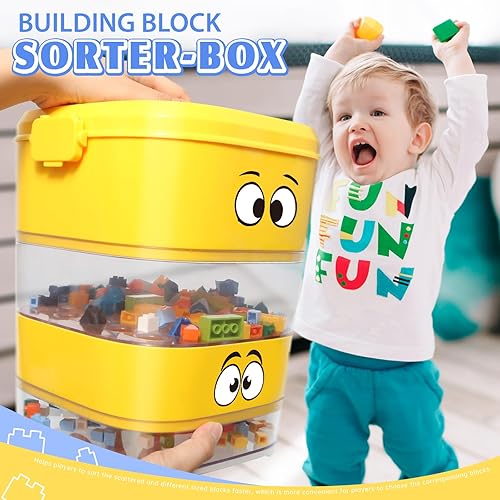 Miniatura 8 de Tamiz clasificador de bloques de juguete de 4 bandejas, bonita caja de ladrillos de almacenamiento portátil para bloques de Lego, clasificador de