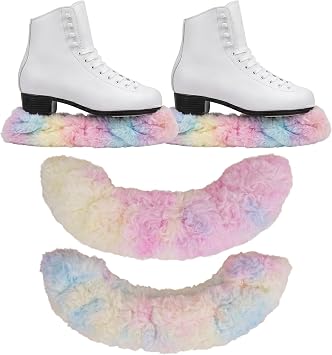 Ice Skate Soakers 1 Pair Plush Blade Covers, Dreamy Rainbow Faux Fur Design, Lightly Thickened 10g Padding, Soft Absorbent Lining, Fits Figure & Hockey Skates up to 12 inch, Skate Accessor