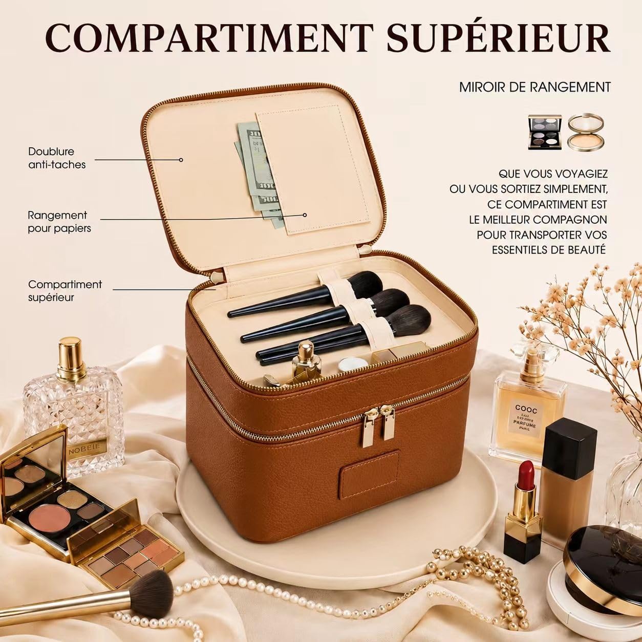 Trousse de Maquillage Double Couche Grande Capacité, Vanity Voyage avec Compartiment Amovible, Sac de Toilette Imperméable à Pochettes Multiples pour Femme