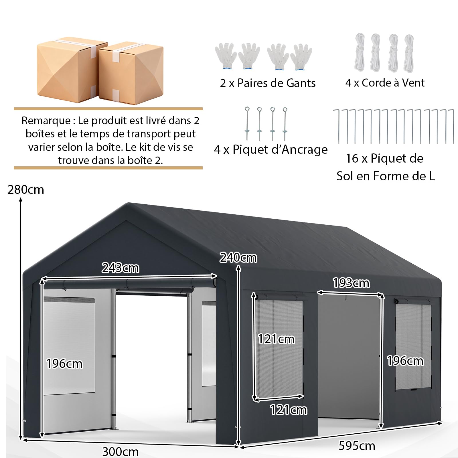 GYMAX 595 x 300cm Tente de Garage, Abri de Voiture Extérieur avec 8 Parois Latérales Amovibles, 4 Fenêtres en Maille Déroulables, Couverture PE, Toit pour Voiture, Camion, Bateau