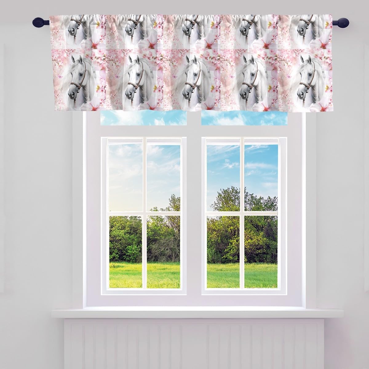 Erosebridal White Horse Window Treatment Valances,Cherry Blossoms Blackout Valances,Cute Butterfly Valance Curtains 52" W X 18" L,Wild Animal Wildlife Farmhouse Valance,Horse Themed Window Curtains