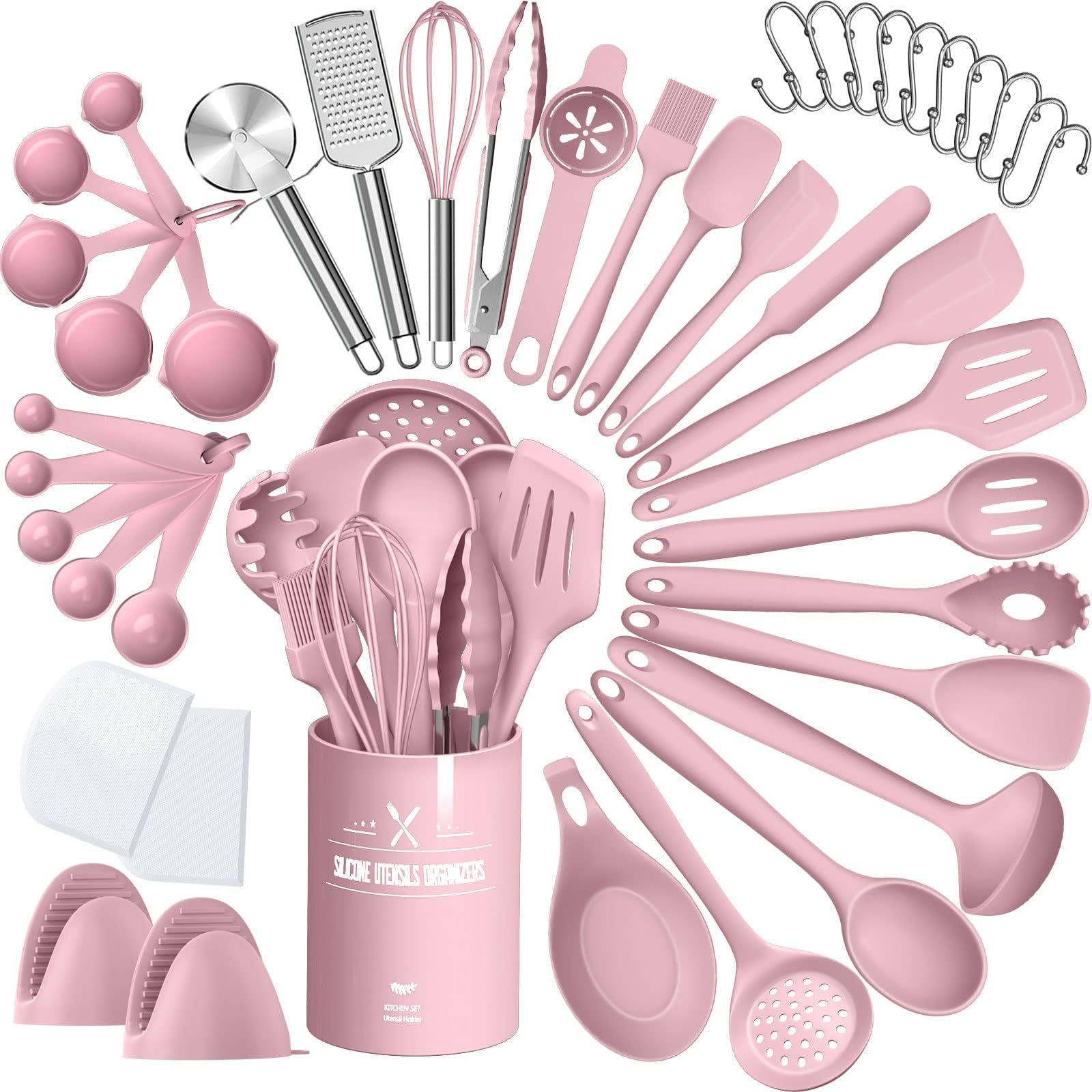 Silicone Cooking Kitchen Utensil Set, AIKKIL 43 Pcs Pink Cooking Utensils Set, Turner, Tongs, Spoon, Spatula, Kitchen Gadgets Tools Set for Nonstick Cookware, Heat Resistant (Dishwasher, BPA Free)