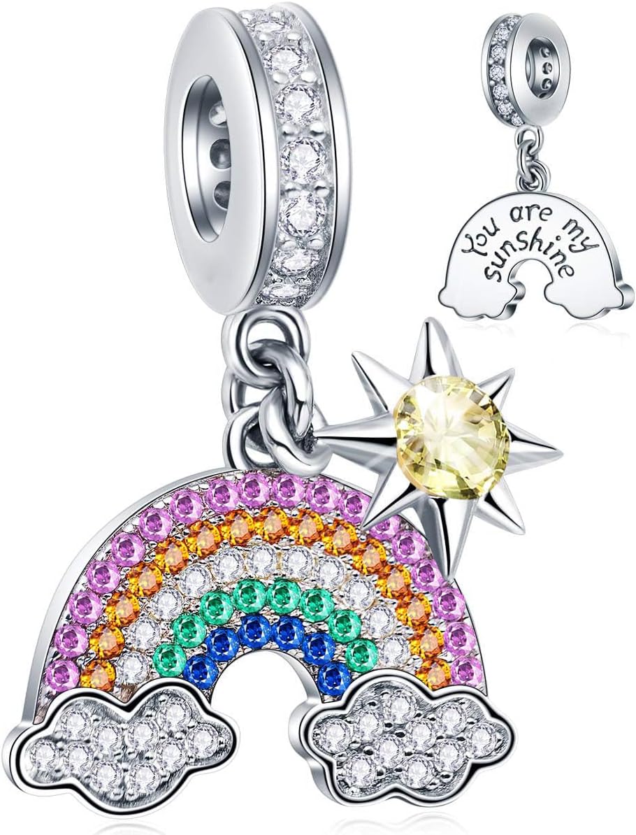 EMOSTAR Reflexions Rainbow Cloud and Sun with Colorful CZ Dangle Charms,Silver Plated You Are My Sunshine Pendant Bead fits First Mothers Day Bracelet, Gift for Lover/Women