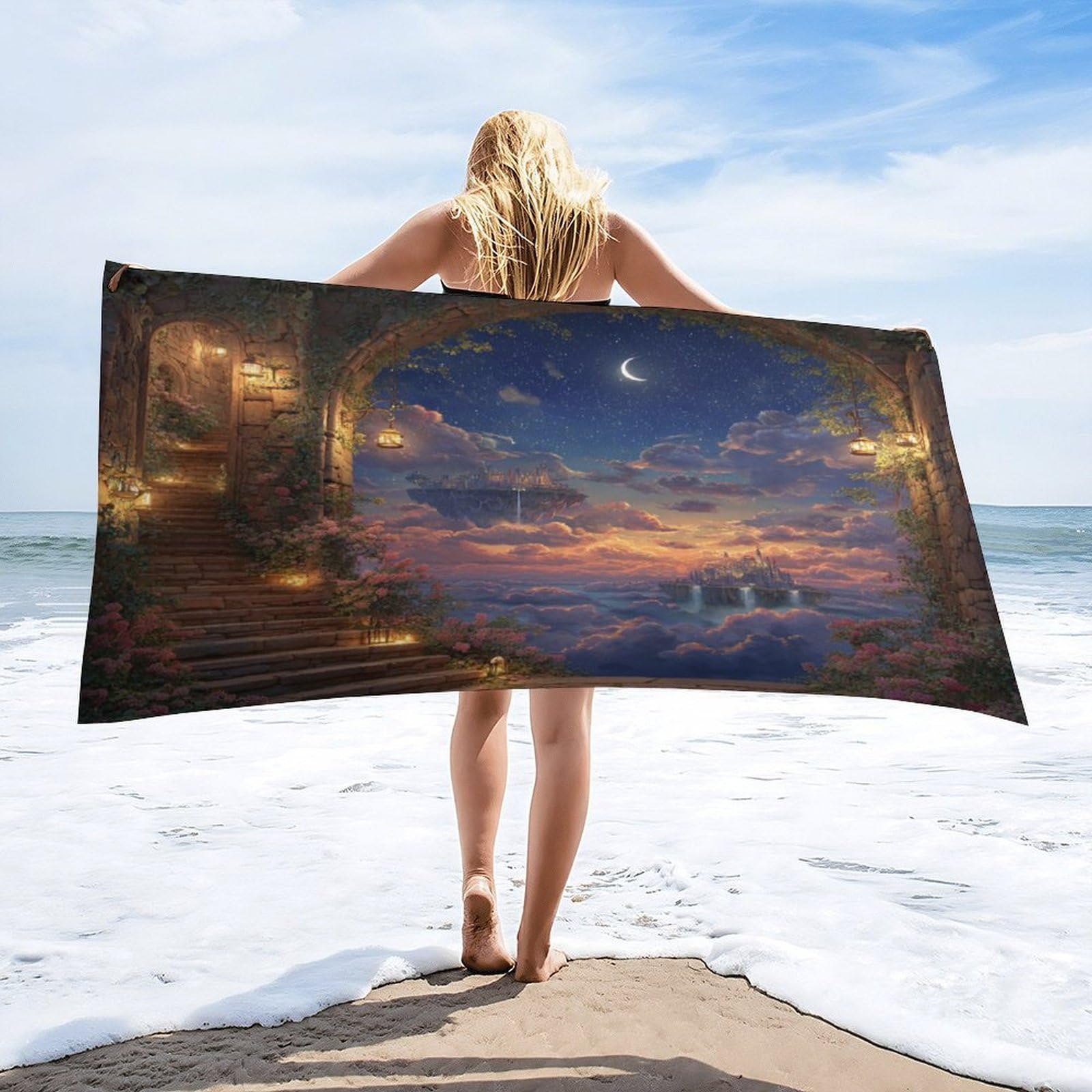 LUYYSKY Fantasy Romantic Flowers Arch Quick-Drying Beach Towel, Abstract Watercolor Fairy Galaxy Enchanted Garden Castle Travel Vacation Single Sided Pile Bathroom Towels-80 W cm x 160" L cm
