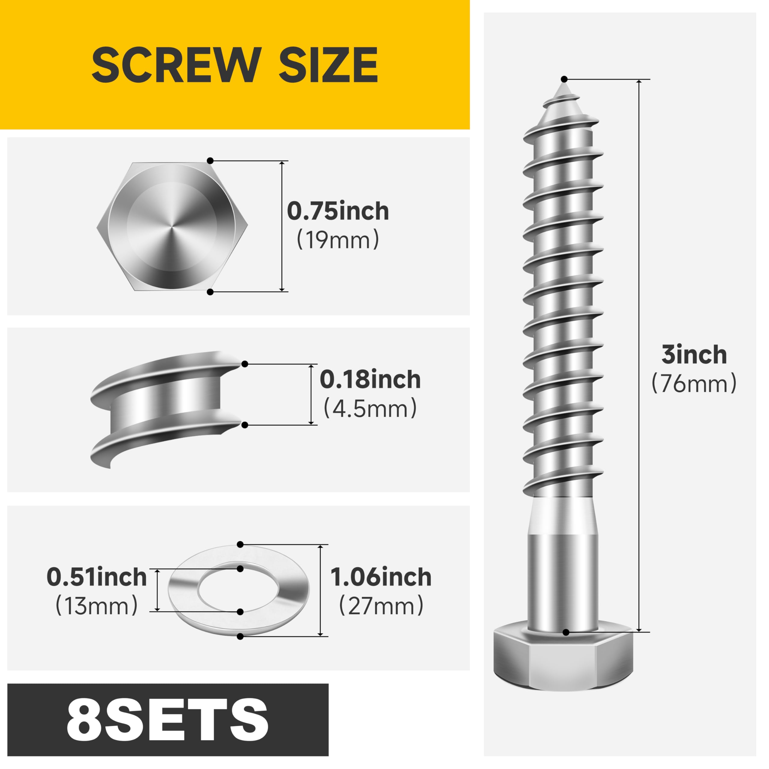 Uxcell 5 Pcs Hex Head Lag Screws - 1/2x3 Stainless Steel 18-8  304 Lag Bolts Hexagon Head Heavy Duty Wood Screws Wood Decks Fences Furniture Silver