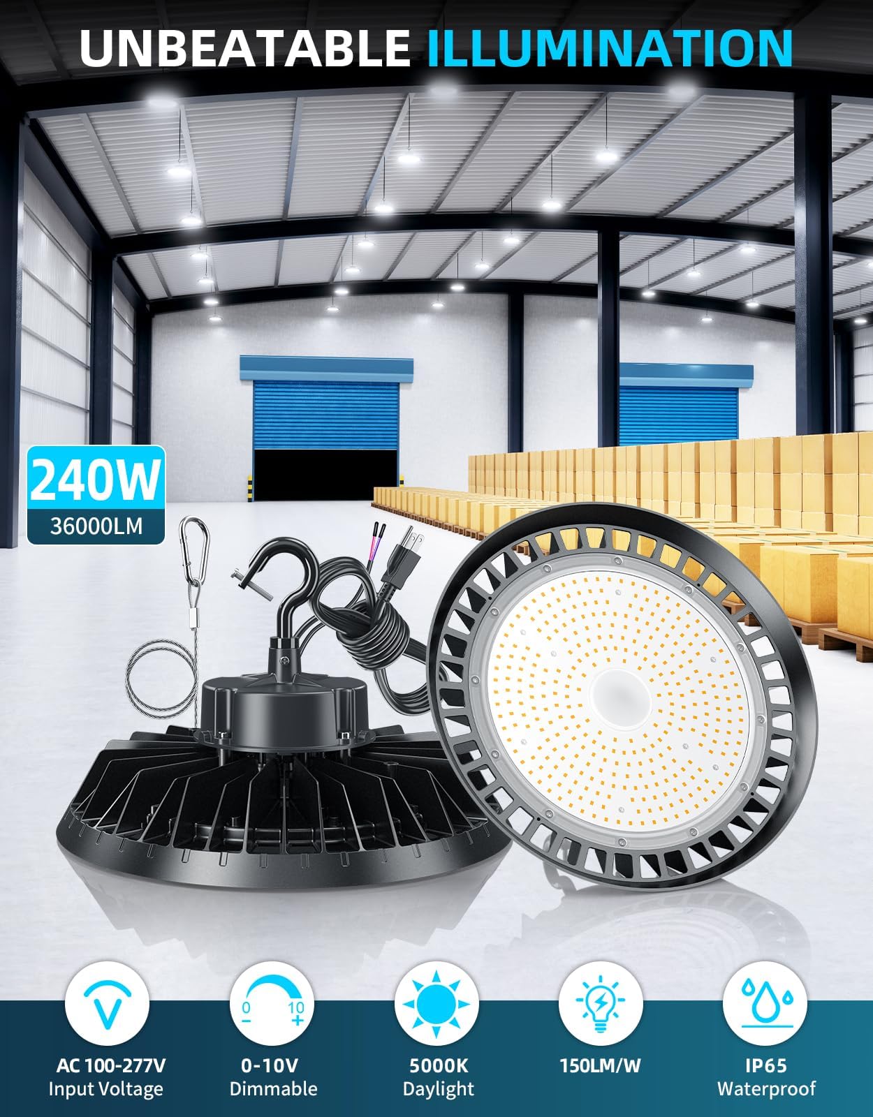 ADUB 240W UFO LED High Bay Light 36000LM 5000K Daylight 0-10V Dimmable AC100-277V IP65 Waterproof with US Plug — view 2