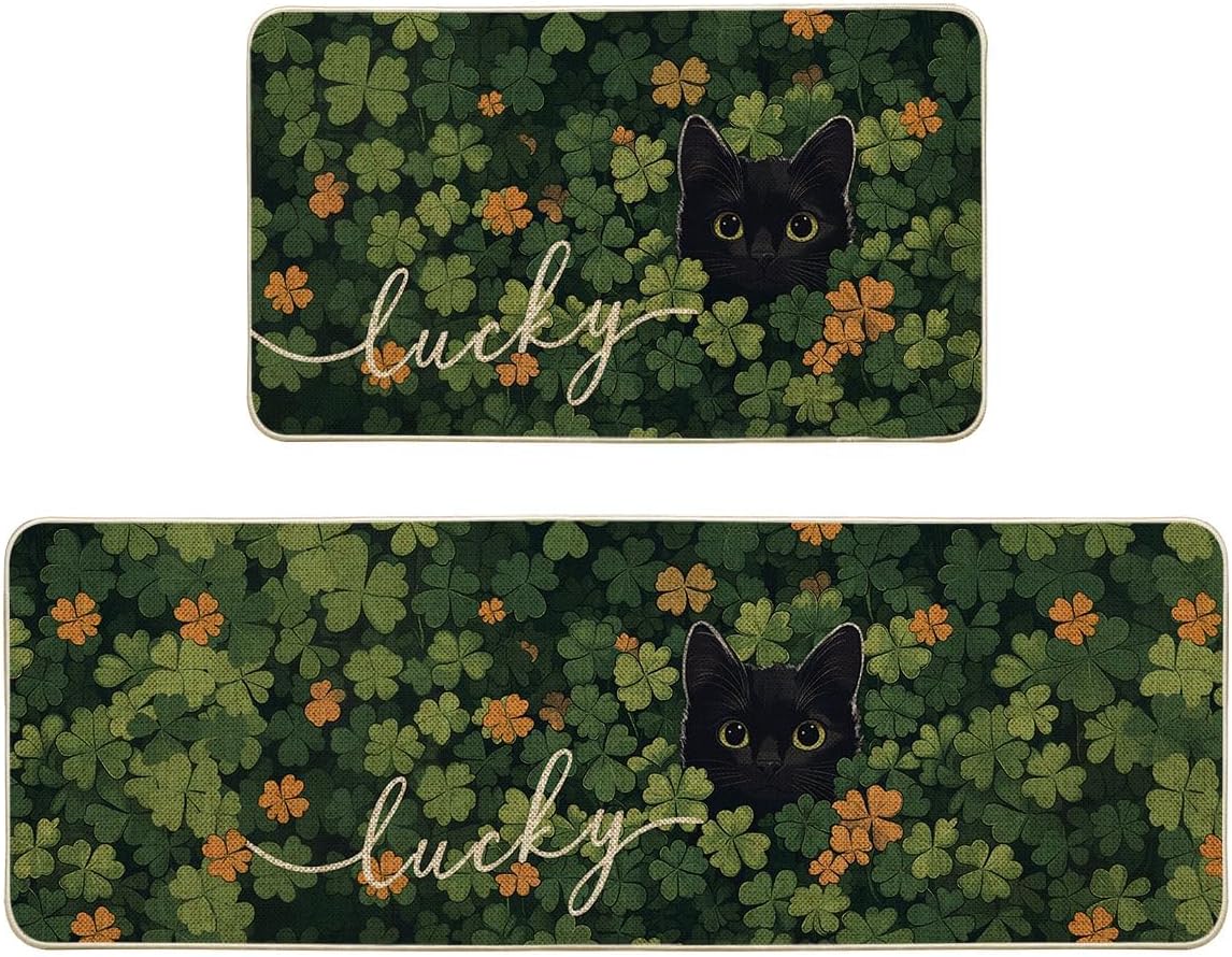 Artoid Mode Shamrock Lucky Black Cat St. Patrick's Day Kitchen Mats Set of 2, Home Decor Low-Profile Kitchen Rugs for Floor - 17x29 and 17x47 Inch