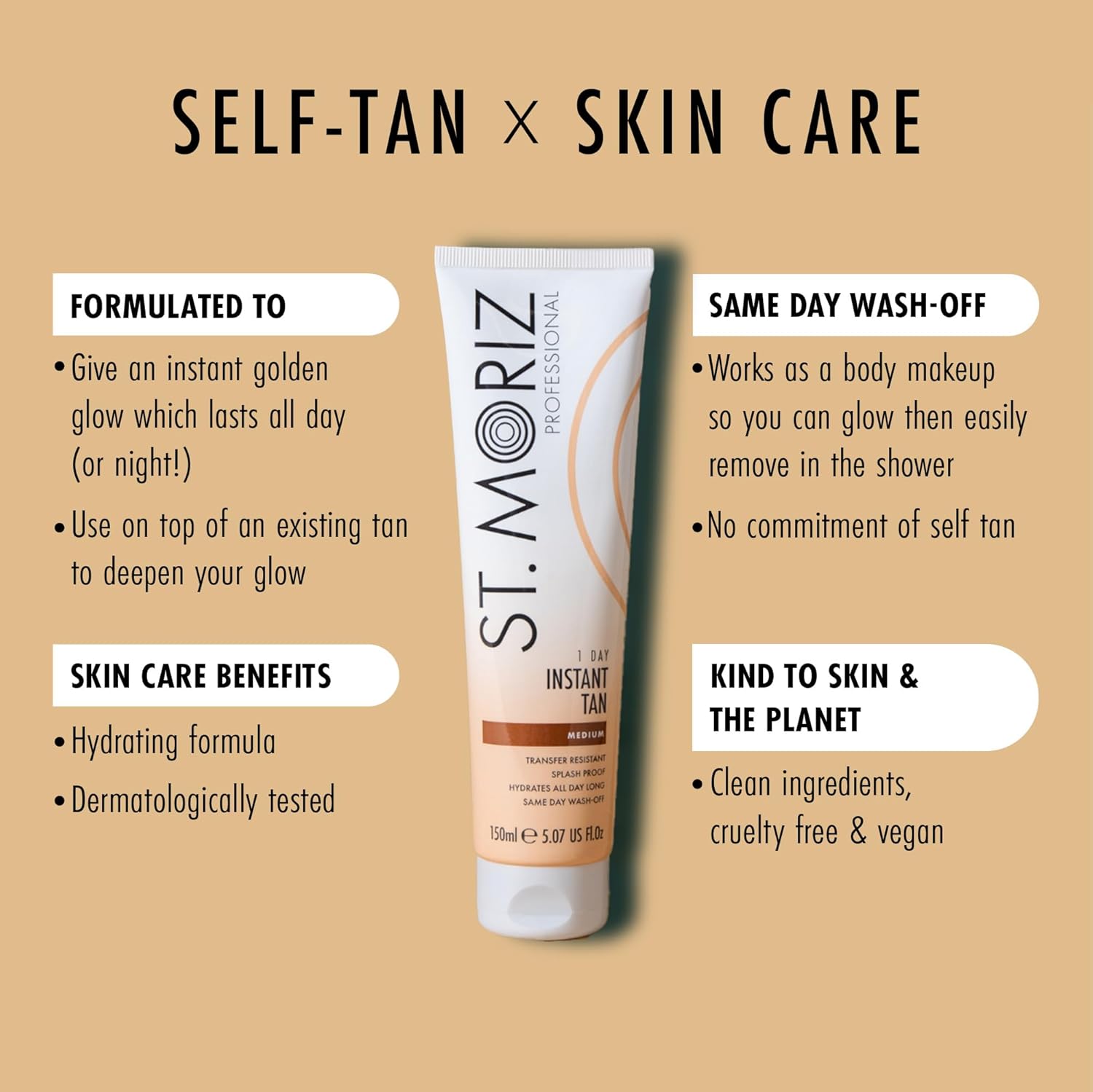 St. Moriz Professional Medium Instant Tan – 1 Day Wash-Off Fake Tan Lotion with Aloe Vera & Vitamin E – Fast-Drying, Transfer-Resistant, Vegan, 150ml - Image 2