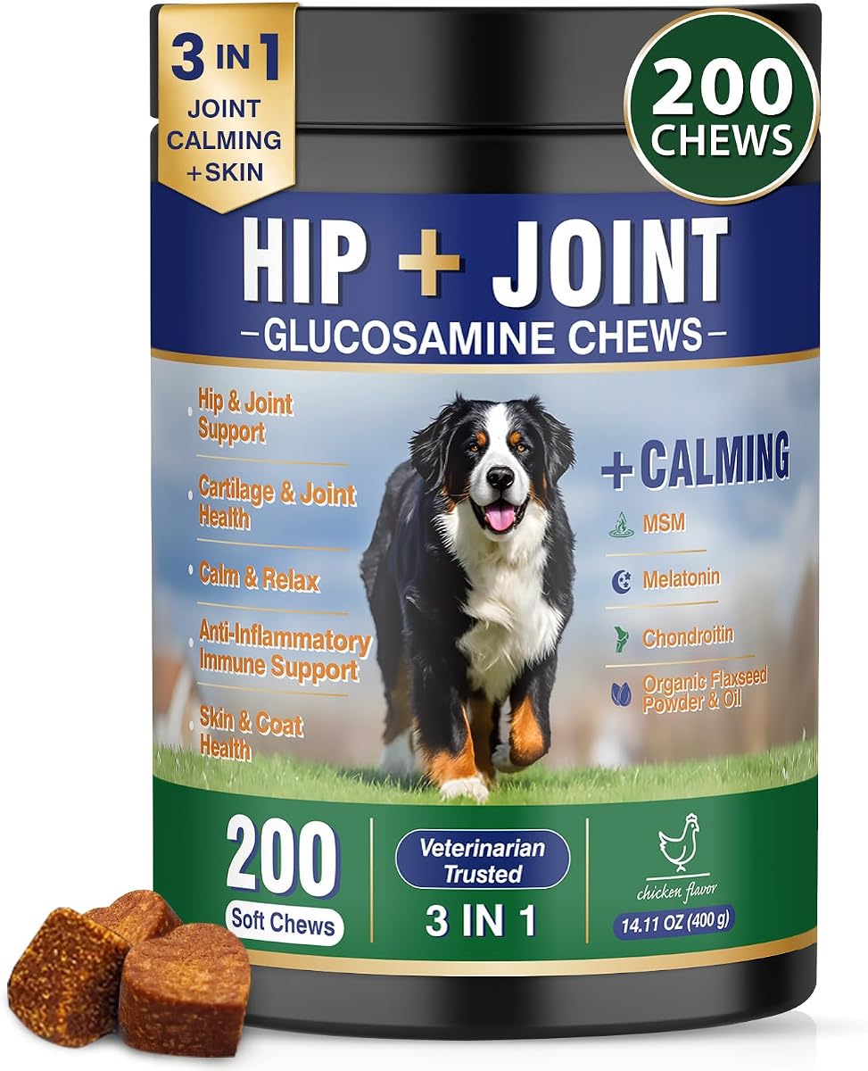 Hip and Joint Supplement for Dogs, 200ct, Calming & Skin Support All Dogs | Hip Joint Pain Relief, Mobility Support, Calming & Skin Care, Glucosamine Chondroitin MSM, Melatonin, Omega 3, Chicken