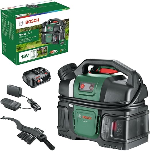 Bosch Fontus 18V-6 - Pulitore a pressione per biciclette (mobile, mini, serbatoio dell'acqua da 6 litri, 8 livelli di pressione, per tubo e pistola, incl. 1 batteria da 2,0 Ah 18 V e caricatore)