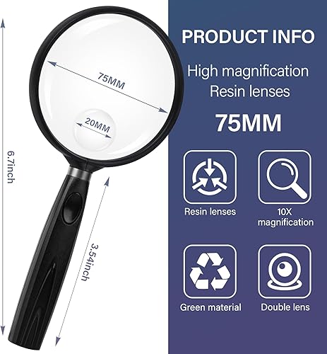 Miniatura 2 de Feosky Lupa de mano de lectura, lupa de 10 aumentos, lente irrompible de 75 mm, mango antideslizante para trabajo de cerca para adultos, lectura