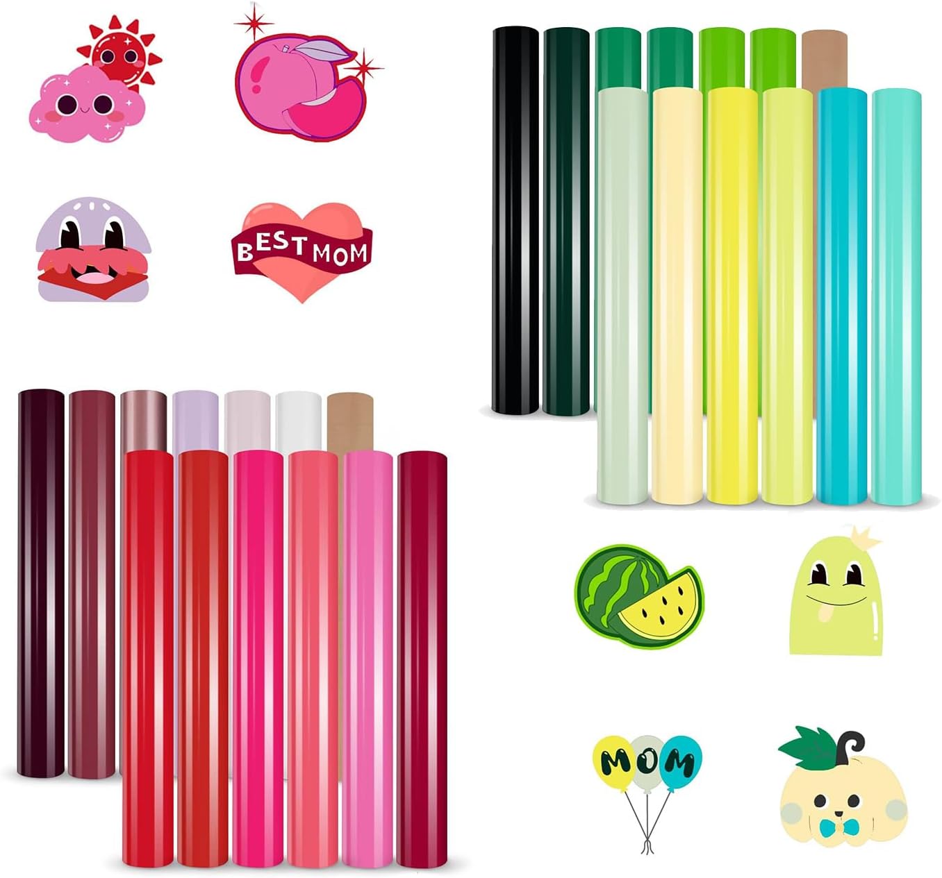 HTVRONT Heat Transfer Vinyl Green & Pink HTV Vinyl in 12 Assorted Colors,Iron on Vinyl for Cricut & Cameo - Easy to Cut & Weed