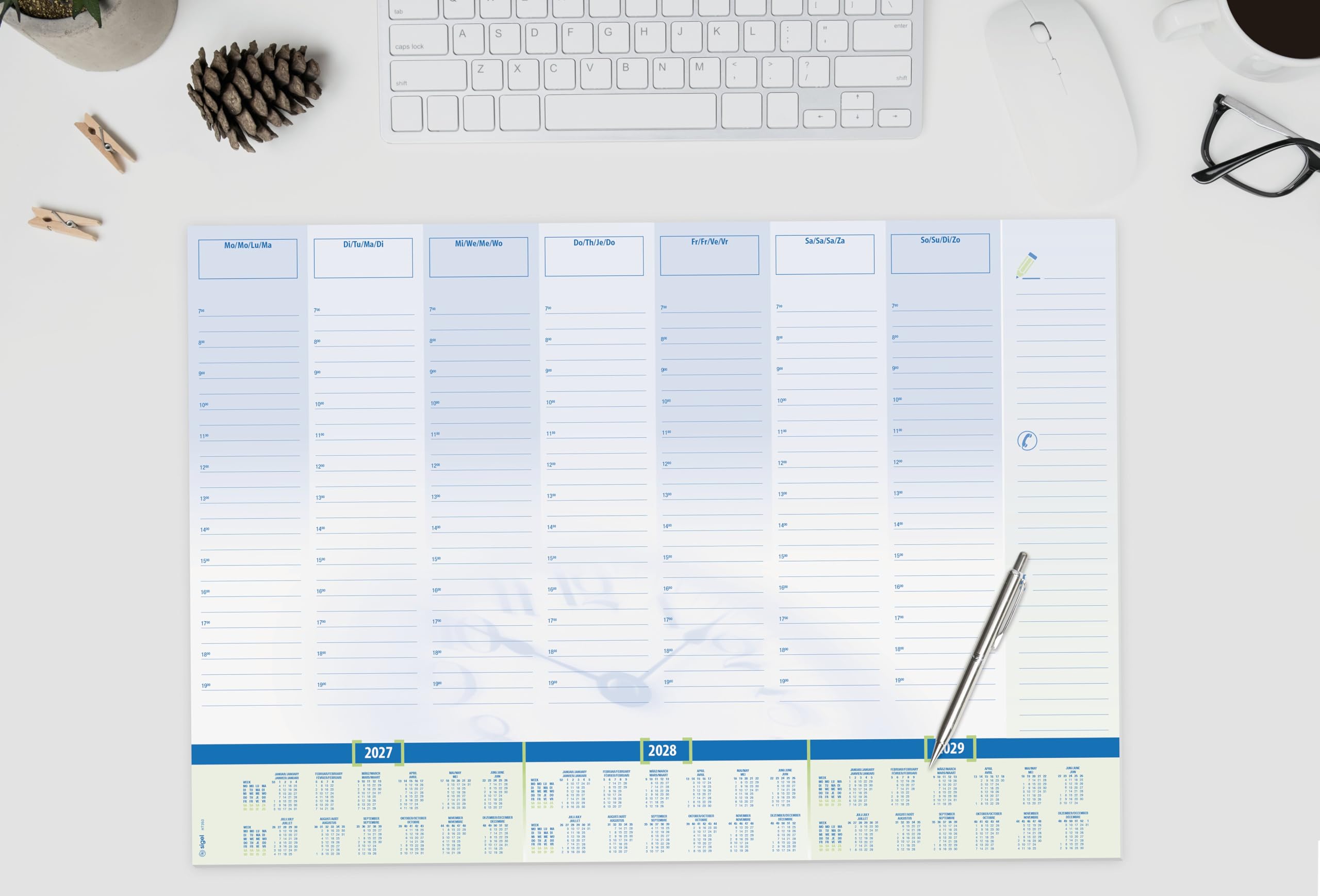 SIGEL Sous-main papier 2027/2028/2029 A2 | H7350/5, lot de 5, planning semainier avec grille horaire, bleu et blanc, 5 x 30 feuilles