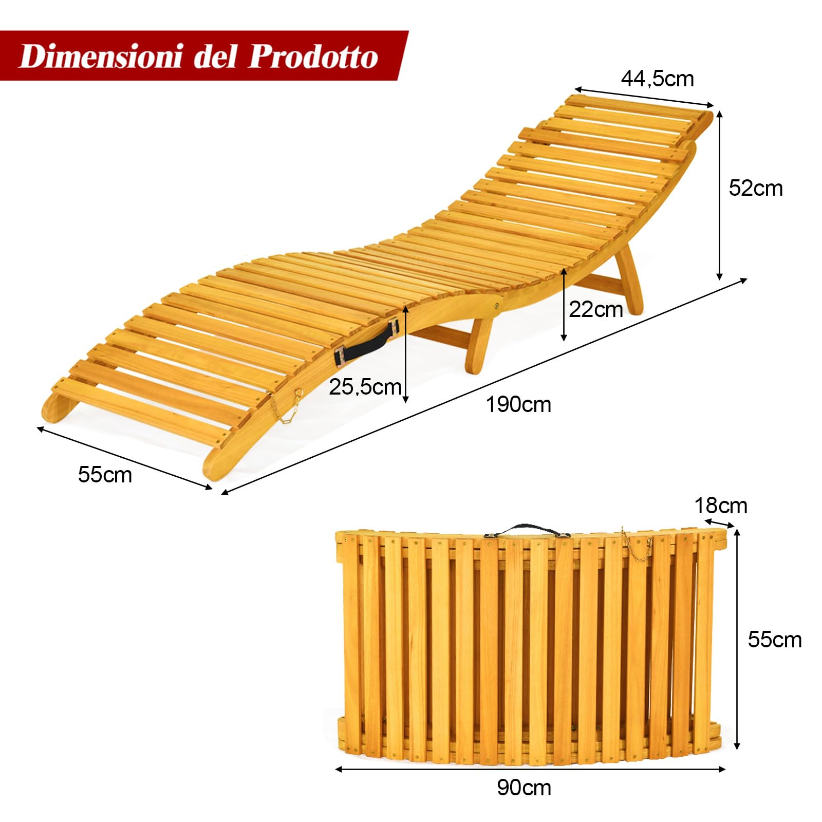 COSTWAY Lettino Prendisole Pieghevole per Giardino, Sedia a Sdraio Pieghevole da Esterno in Legno, Lettino da Esterno con Cuscino per Giardino, Prato, Cortile, Portata 180 kg, 190 x 55 x 52 cm (1)