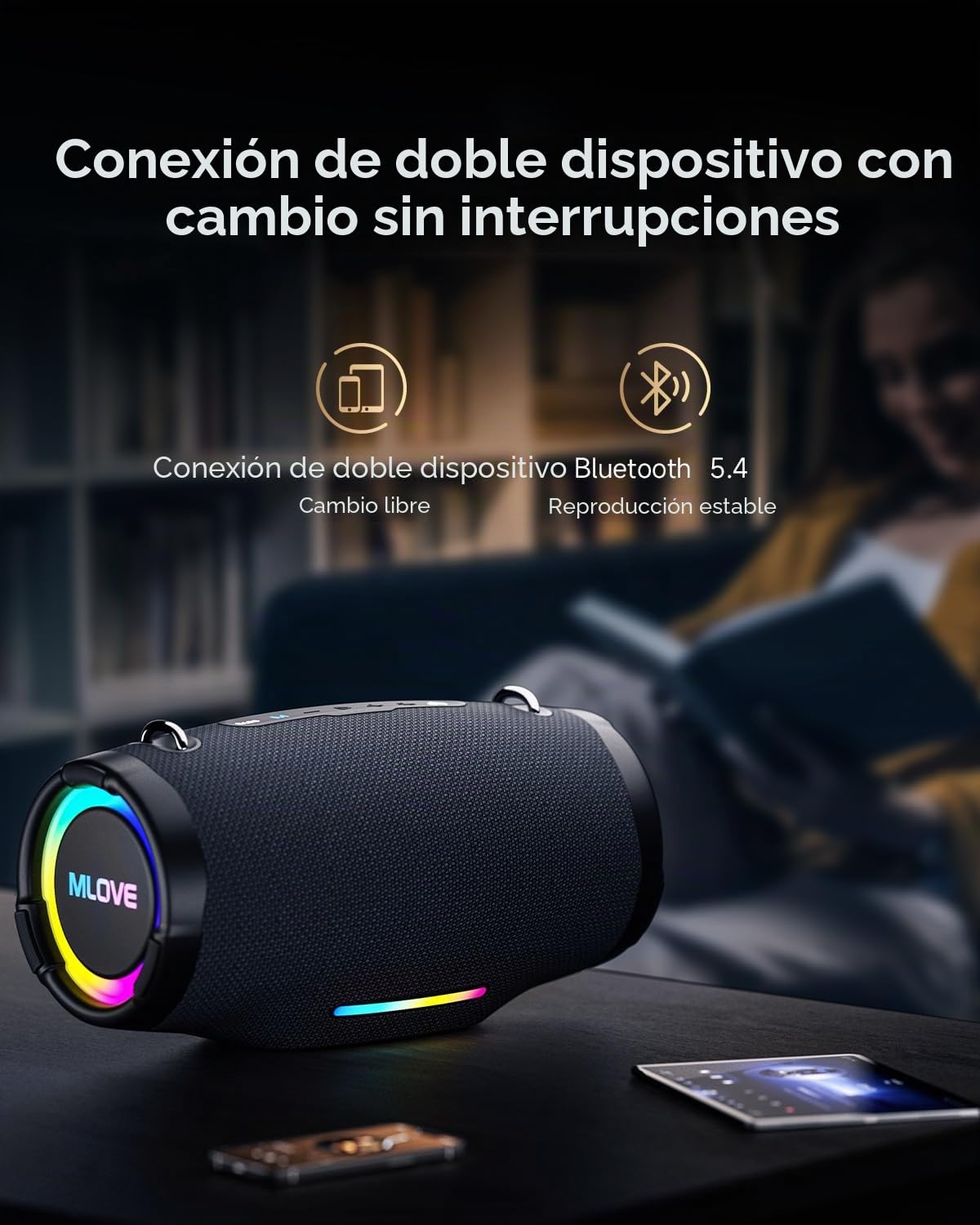 MLOVE E90 Altavoz Portátil Bluetooth Inalámbrico Impermeable RGB LED Luz True Wireless Stereo, Bluetooth 5.4, Micro-SD, Memoria USB, Jack 3,5mm, Carga Type C, Negro