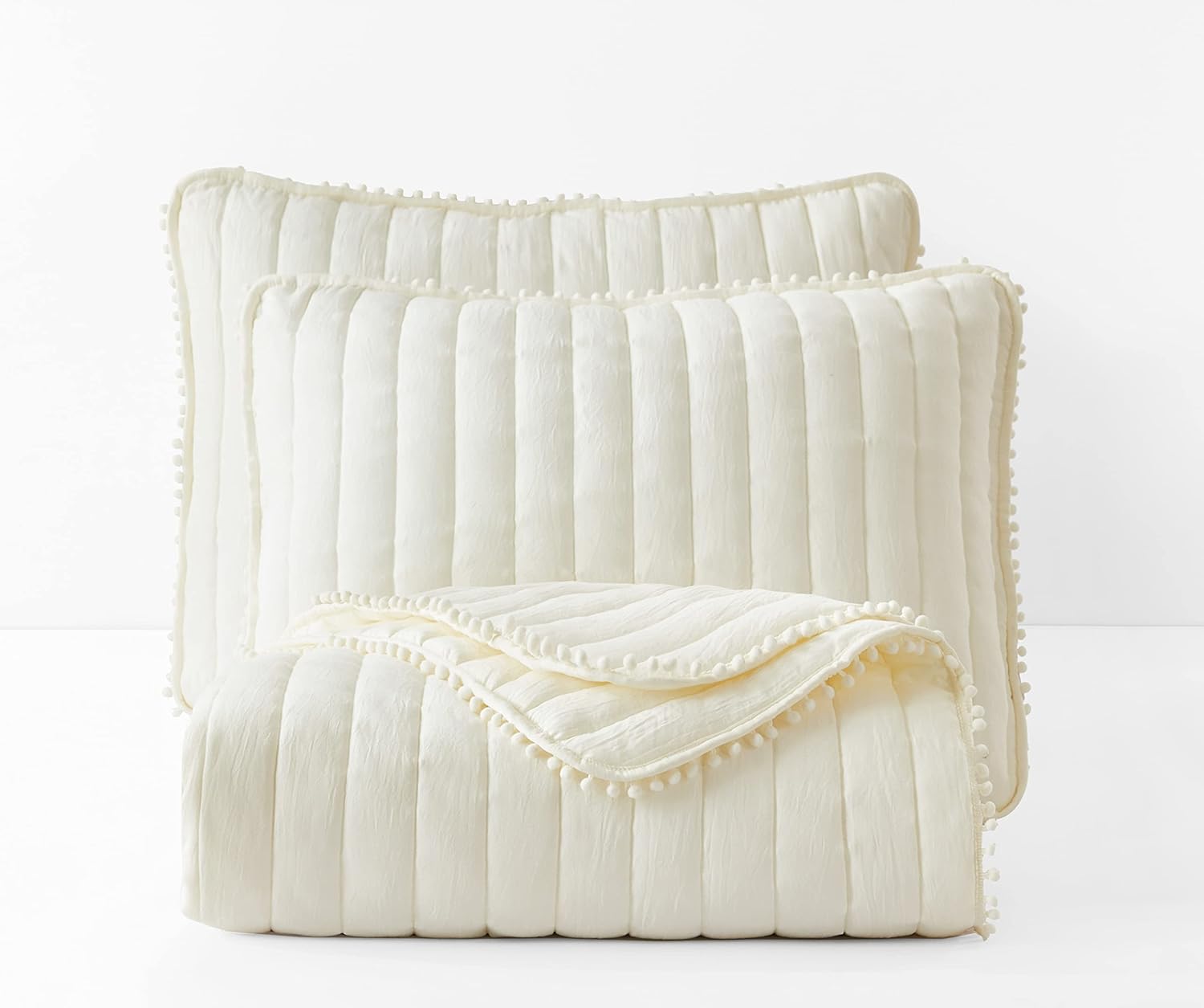 Chezmoi Collection Iris 3-Piece Ivory Pom Pom Quilt Set - Ball Fringe Channel Stitch Quilted Bedspread, Washed Microfiber Coverlet, Queen Size