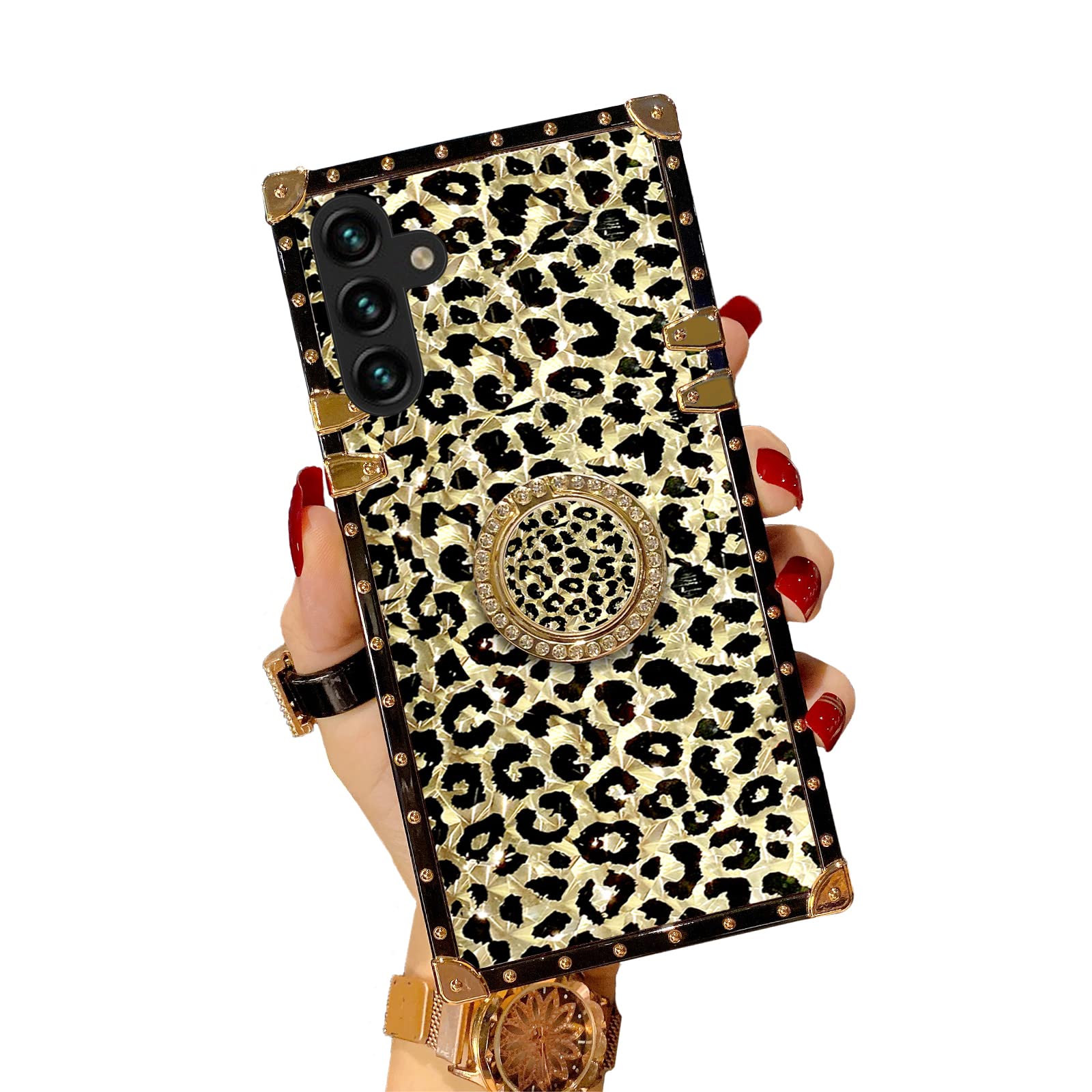 Annyojo for Samsung Galaxy A13 5G Case, A13 5G Case for Women Leopard Luxury Golden Glitter Silicone Bumper Square Shockproof Protective Back Cover Soft TPU for Galaxy A13 5G