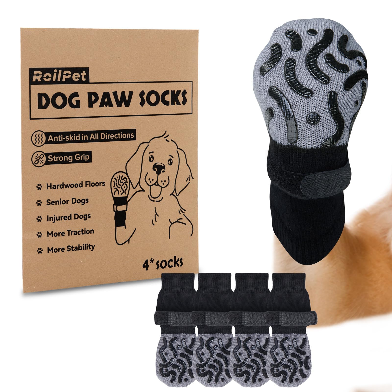 Roilpet Double Sides Non-Slip Dog Socks to Prevent Licking Paws - Strong Traction for Hardwood Floors, Senior Dogs, Paw Protector, Dog Socks with