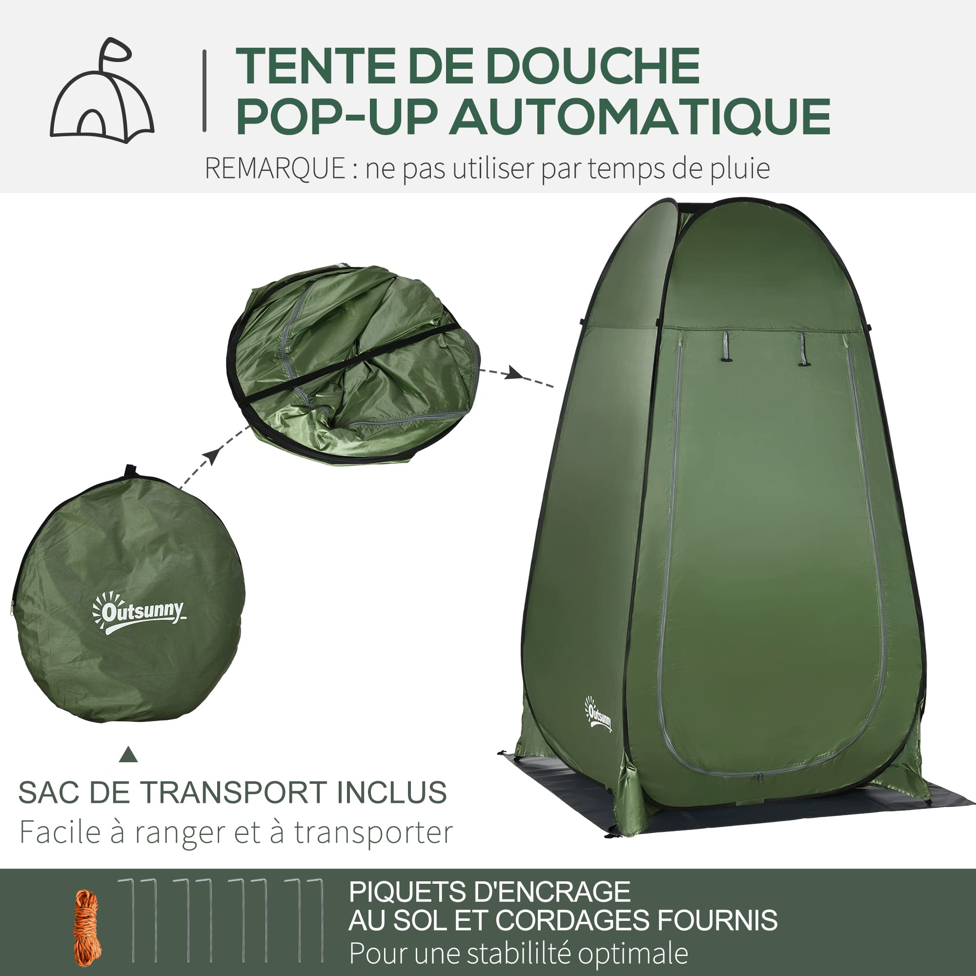 Outsunny Tente de Douche de Camping Pop up Pliable avec Sac de Transport Polyester dim. 126L x 124l x 198H cm - Vert