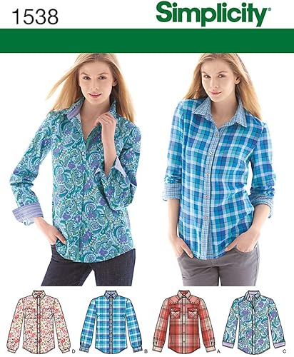 Simplicity 1538 - Patrones de costura de camisa con botones para mujer, tallas 6-14