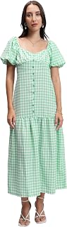 Tokyo Talkies Womens Dresses for Women | Checkered Print | Front Button Detail | Sweetheart Neck | Midi Dress | Puff Sleev... Price In India